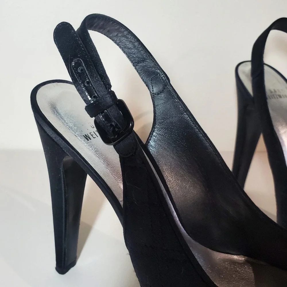 Stewart Weitzman Black Satin Sling-back‎ Pumps Size 9M Rounded Toe